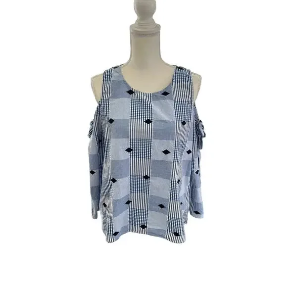Crown & Ivy Blue White Cold Shoulder Round Neck Diamond Print Top Size Medium - Picture 2 of 12